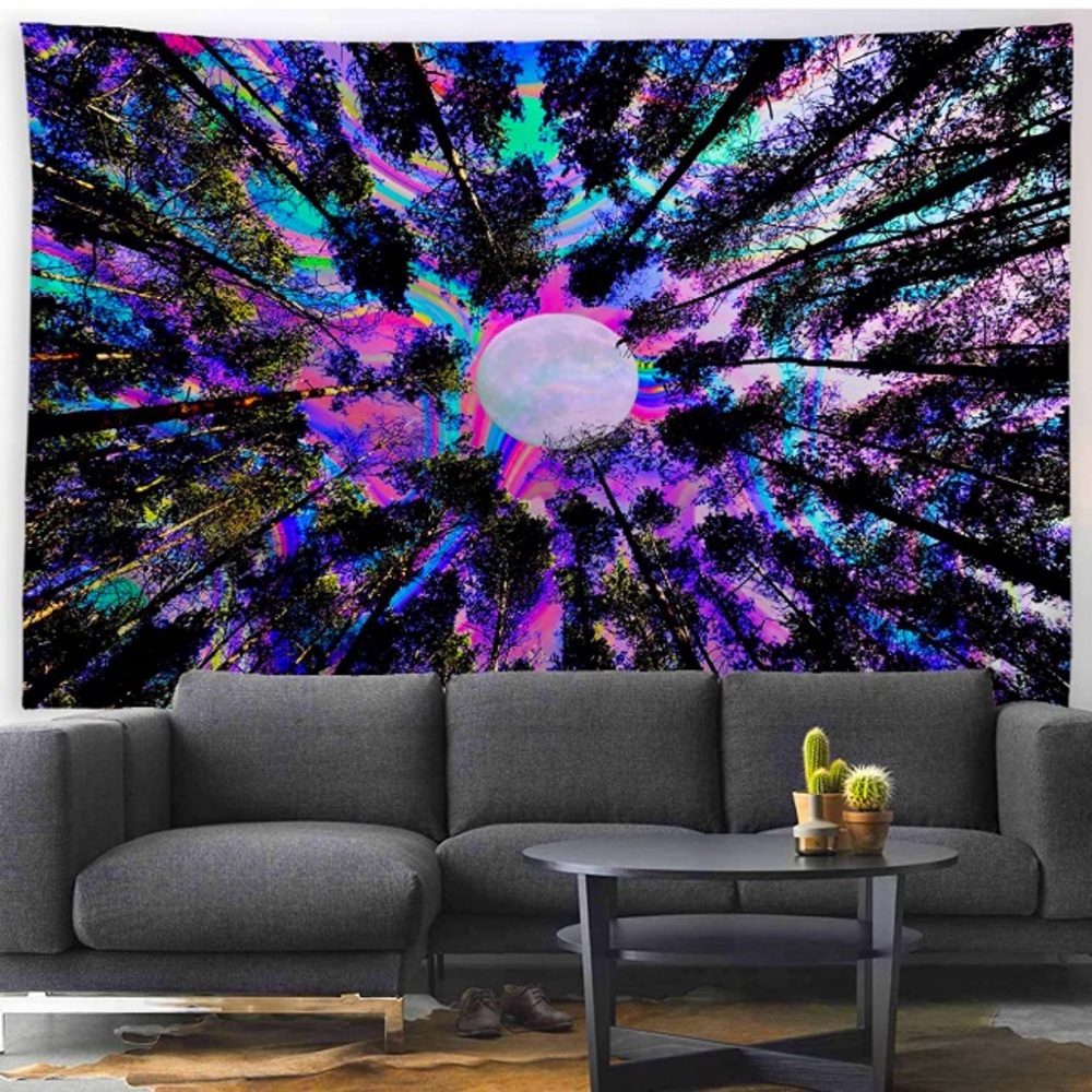 Retro Trippy Neon Forest Colorful Hallucinating Tapestry Room/Dorm Wall Art/Deco - Picture 2 of 6
